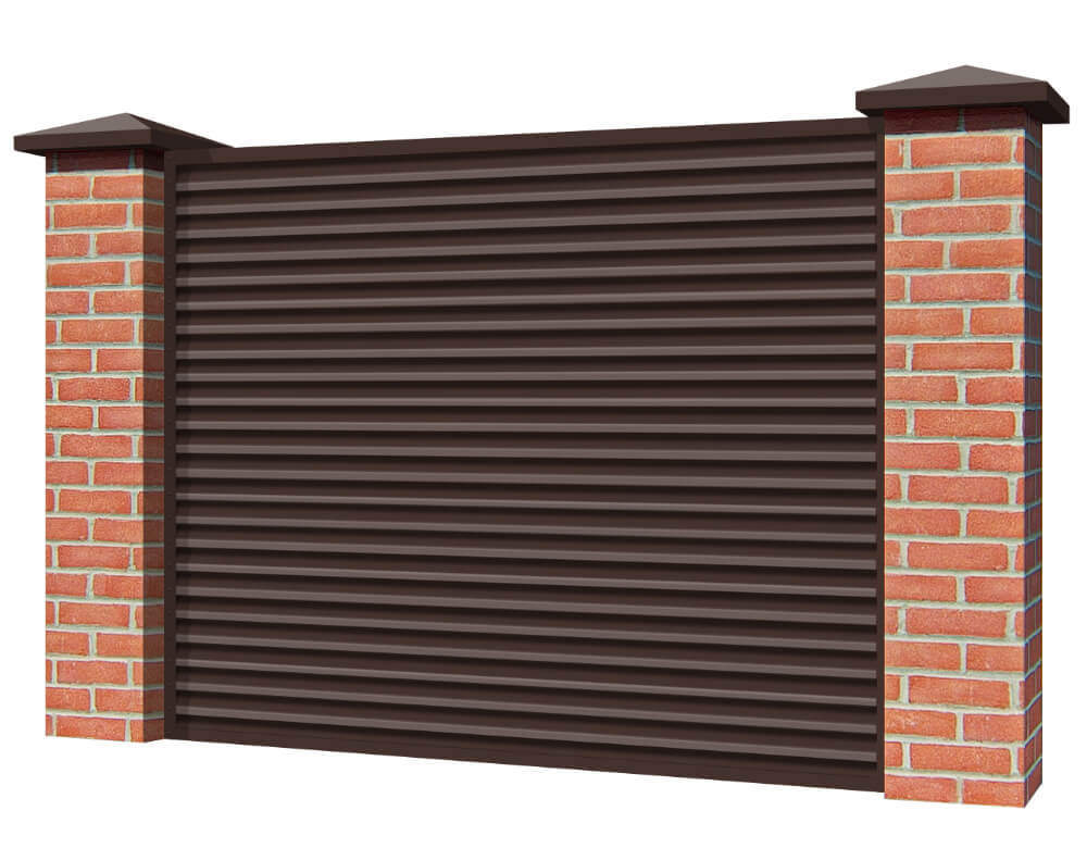 Секция забора жалюзи из ламелей Жалюзи ЭКО-Z RAL8017 Шоколад с кирпичными столбами